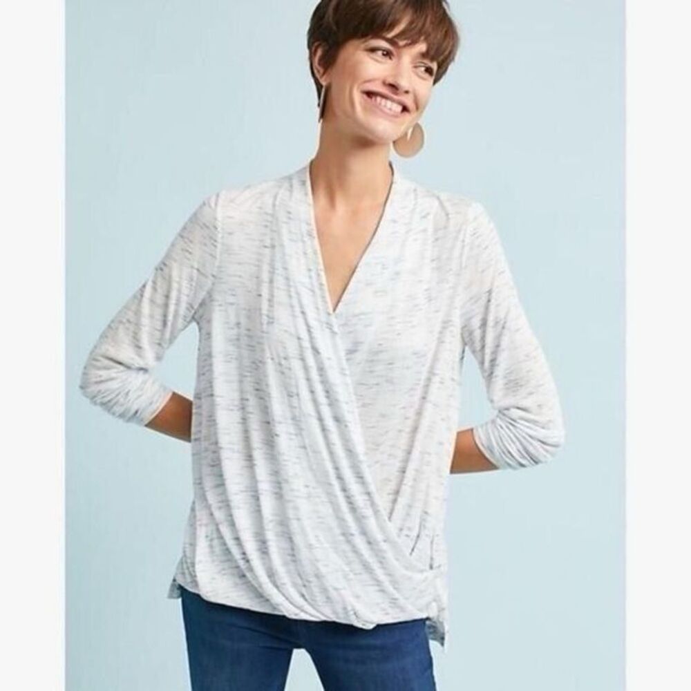 Anthropologie Akemi + Kin Knit Crossover Front Space Dye Top Shirt XL White Blue